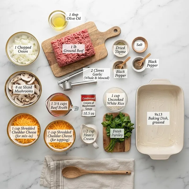 INGREDIENTS FOR Creamy Beef Mushroom Rice Bake