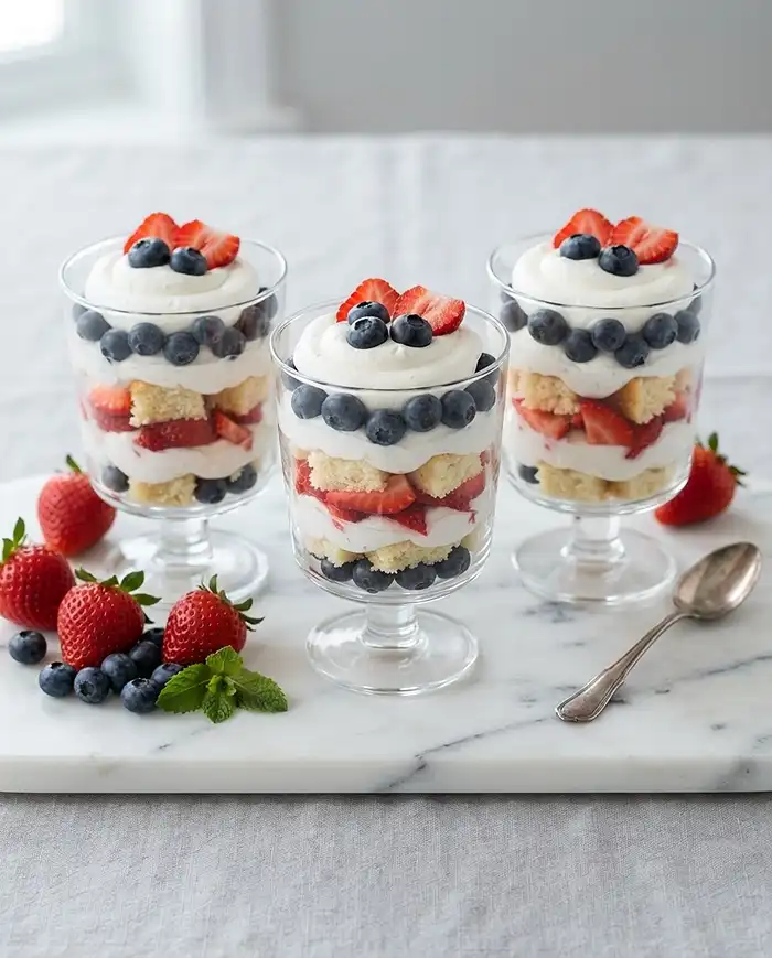 Patriotic Summer Dessert Recipes 7 Individual trifle cups layered with cream, cake, strawberries, and blueberries in a red white and blue pattern