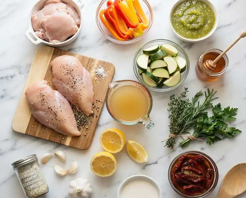Crockpot Summer Dinner Recipes 2 Ingredients for easy crockpot summer dinner recipes including chicken, peppers, zucchini, lemon, and sauces