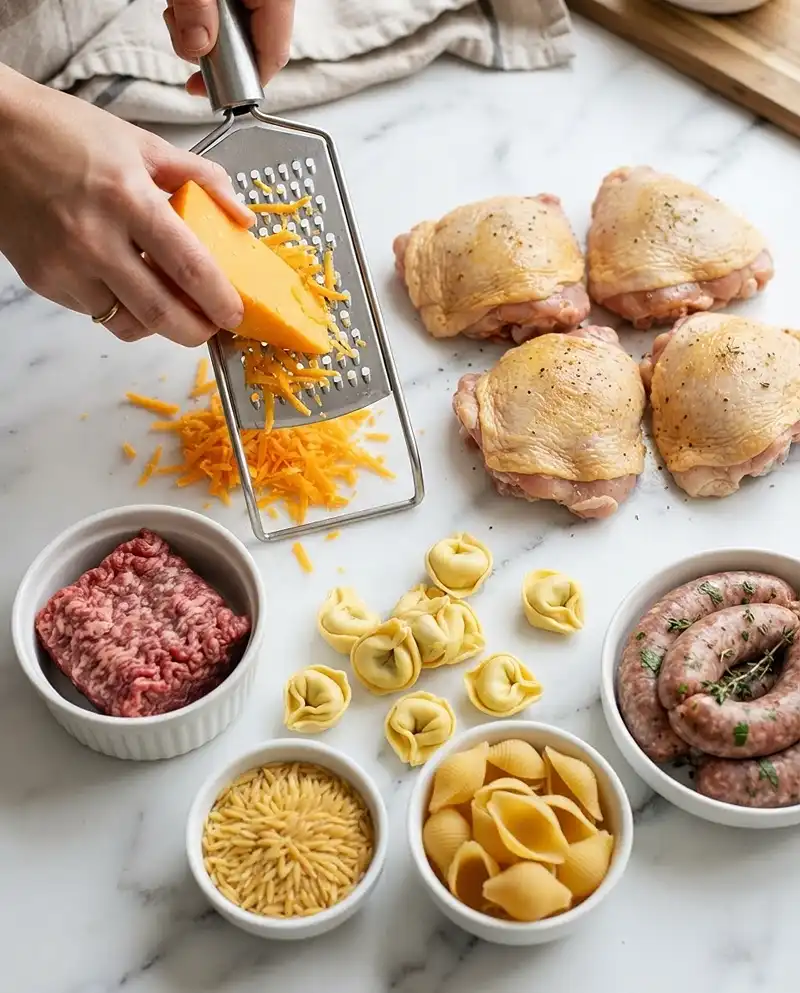 Key ingredients for family-friendly comfort dinner recipes including grated cheddar, chicken thighs, ground beef, and pasta