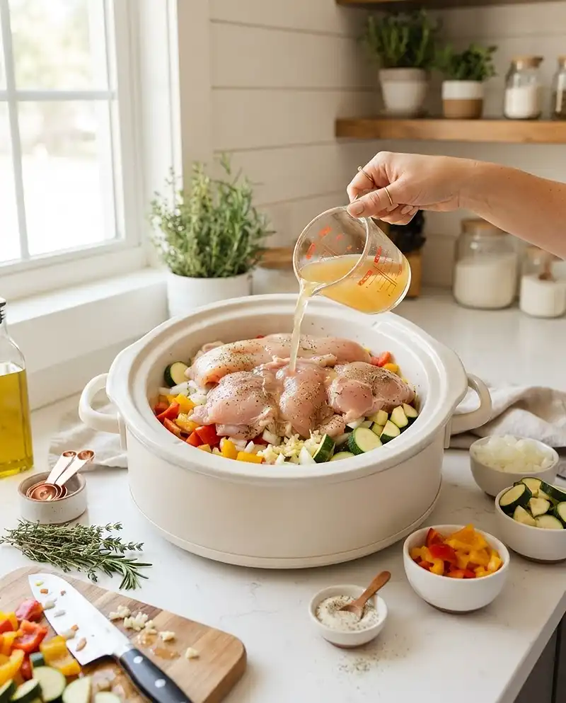 Crockpot Summer Dinner Recipes 3 Layering chicken, vegetables, and broth in a slow cooker before cooking