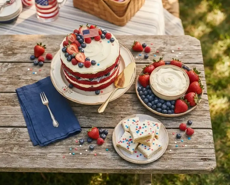 Red white and blue dessert table spread with cake, cheesecake dip, and cookie bars for a summer holiday party