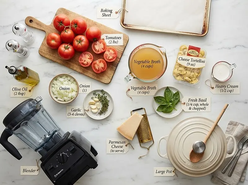 ingredients for Creamy Roasted Tomato Tortellini Soup