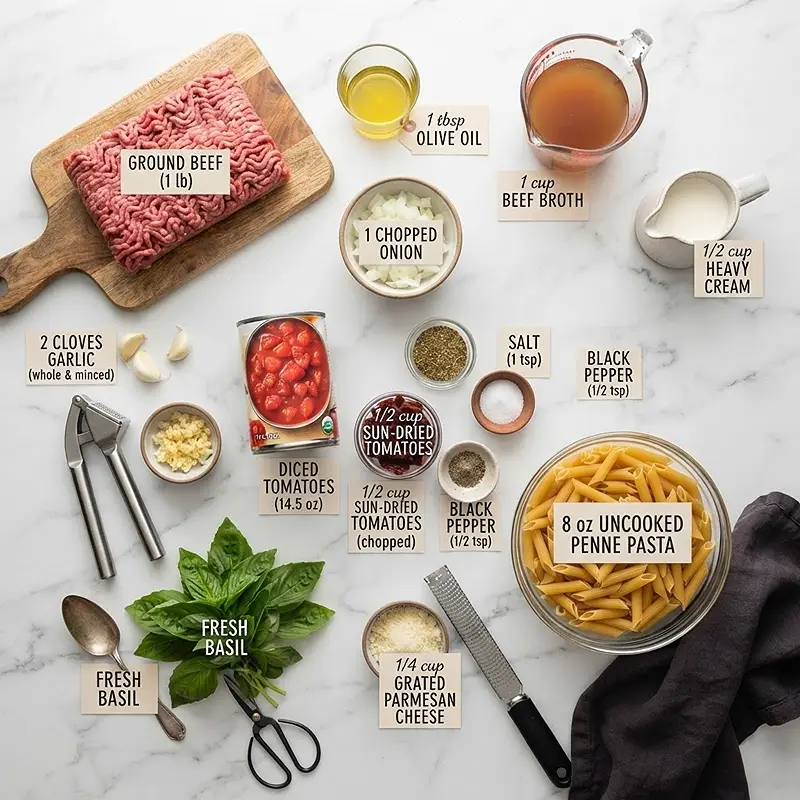 Creamy Sun-Dried Tomato Beef Pasta 2 ingredients for Creamy Sun-Dried Tomato Beef Pasta