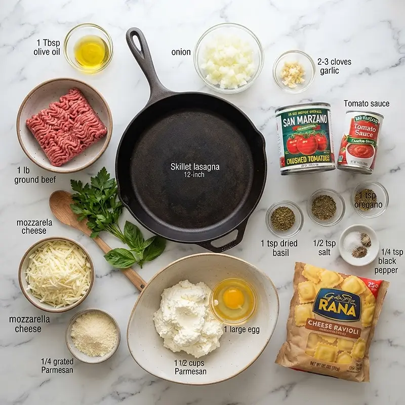 Skillet Lasagna Ravioli Bake 2 ingredients for Skillet Lasagna Ravioli Bake