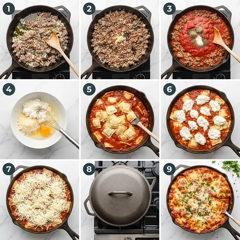 Skillet Lasagna Ravioli Bake 3 preparing the Skillet Lasagna Ravioli Bake
