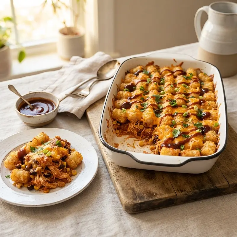 Cheesy BBQ Chicken Tater Tot Bake 4 the Cheesy BBQ Chicken Tater Tot Bake RECIPE