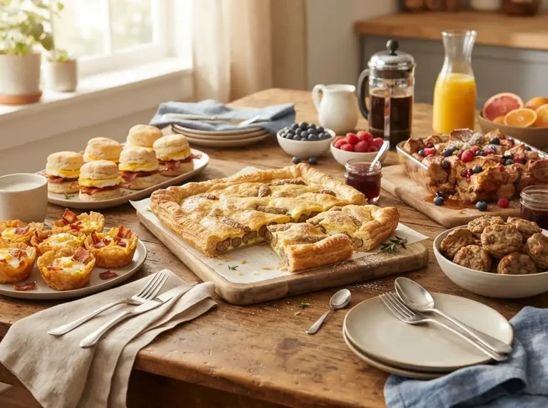 A colorful make-ahead breakfast buffet with casseroles, sandwiches, and muffin-sized bites