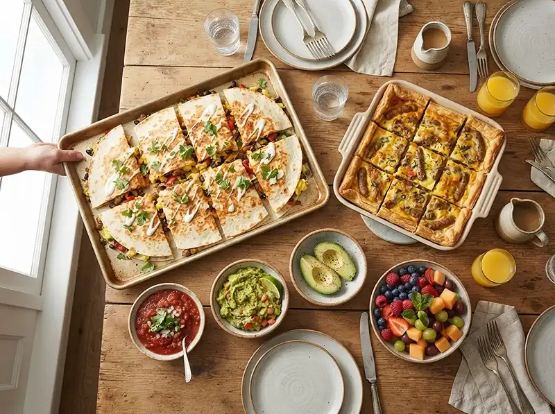 Breakfast for a Crowd Recipes 2 Breakfast for a crowd recipes featuring sheet pan quesadillas and a sliced sausage egg slab pie