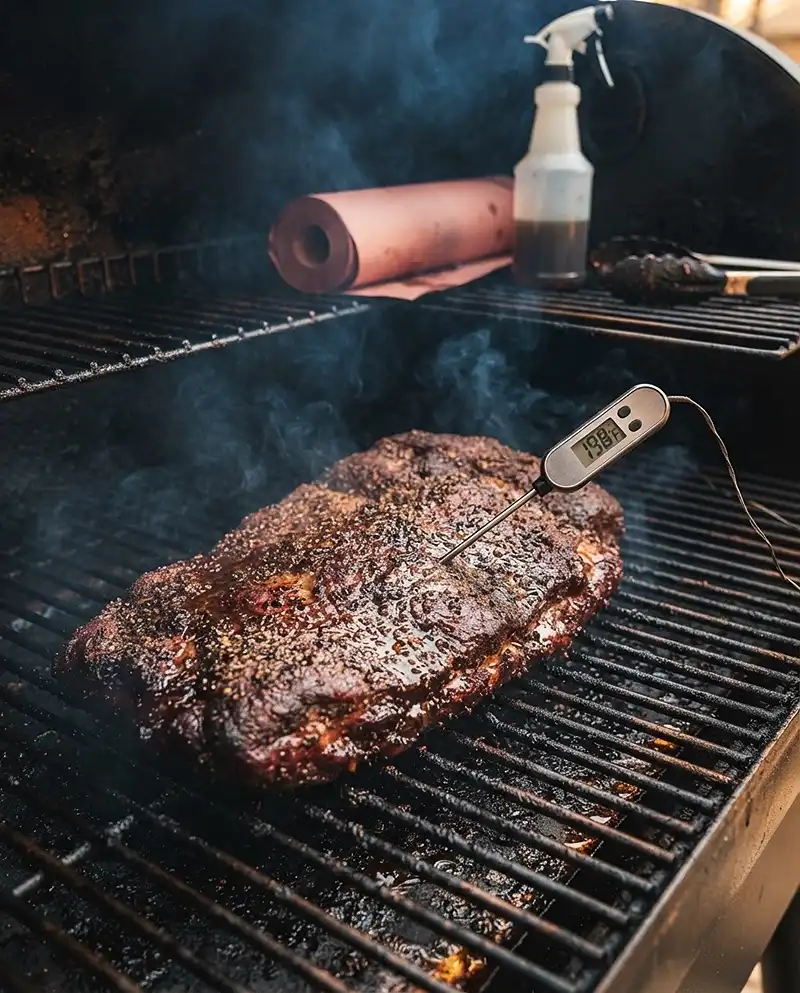 Brisket smoking low and slow with bark forming and thermometer probe inserted
