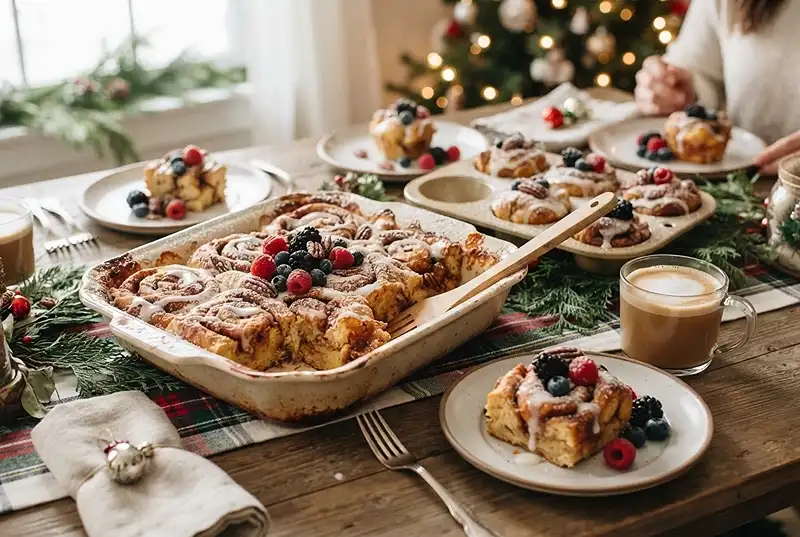 Breakfast for a Crowd Recipes 8 Cinnamon roll French toast bake and French toast casserole muffins prepared for a large brunch