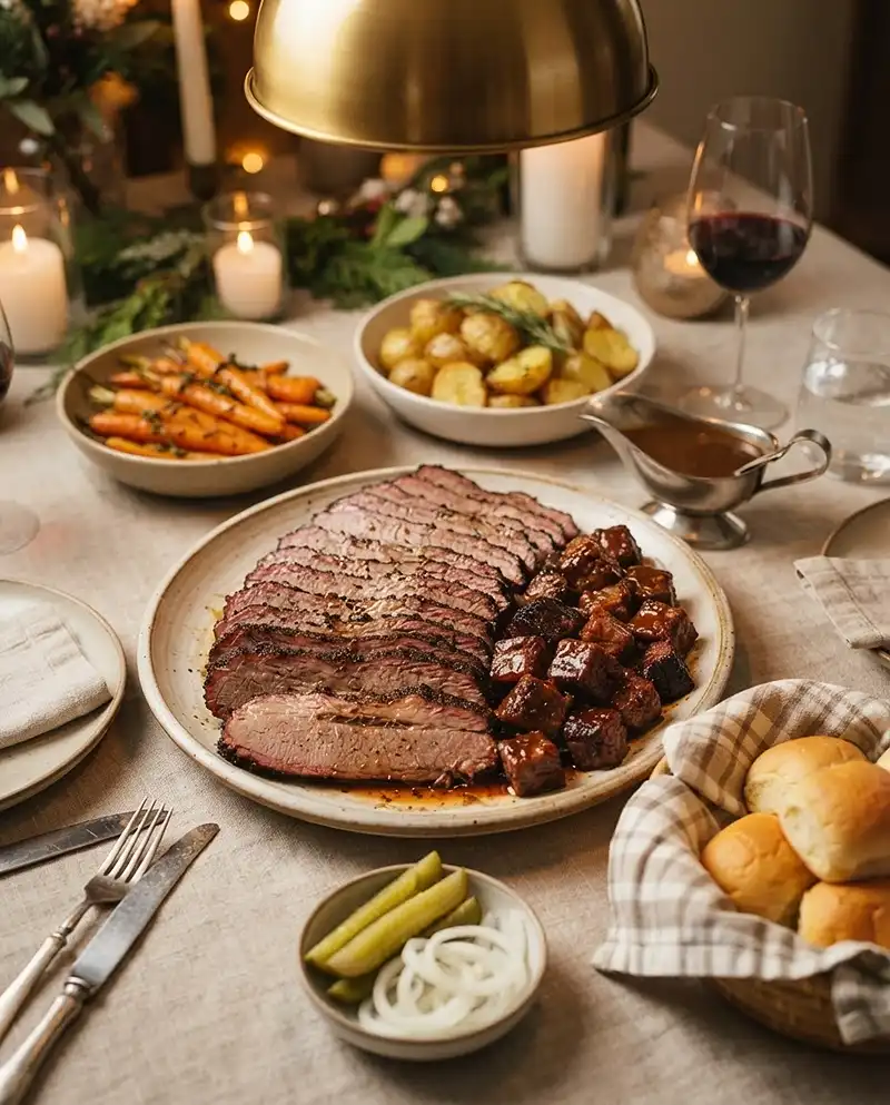 Finished sliced brisket served with burnt ends, vegetables, gravy, and rolls