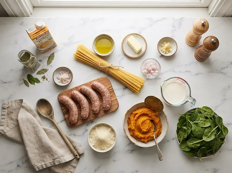 Pumpkin Sausage Alfredo Pasta Recipe 2 ING four professional food photography images