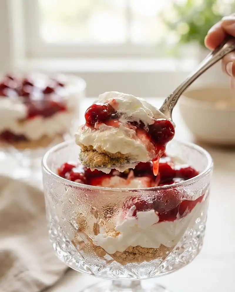Nostalgic Summer Dessert Recipes Guide 2 Layered cherry cheesecake fluff showing creamy texture in a glass bowl
