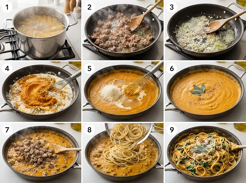Pumpkin Sausage Alfredo Pasta Recipe 3 PRE four professional food photography images