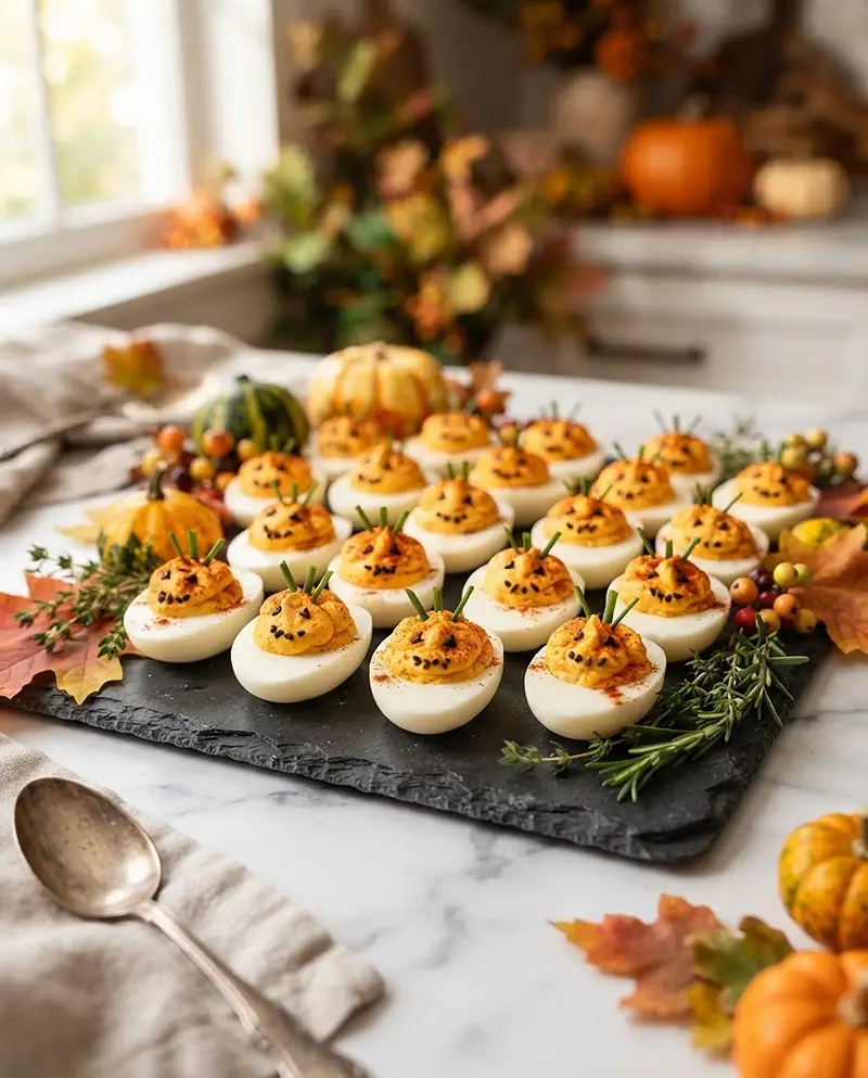 Pumpkin Patch Deviled Eggs for Fall 4 Pumpkin Patch Deviled Eggs recipe