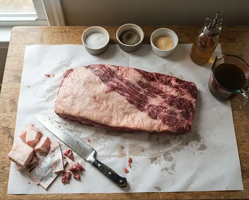 Raw packer brisket and simple ingredients for brisket recipes