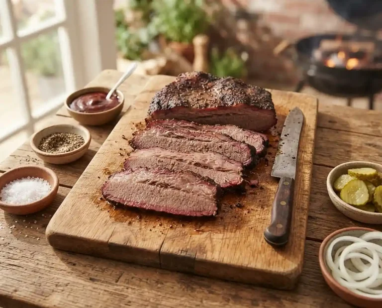 Sliced smoked brisket with bark and barbecue sides on a wooden board