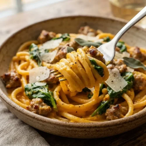 Pumpkin Sausage Alfredo Pasta Recipe 5 four professional food photography images