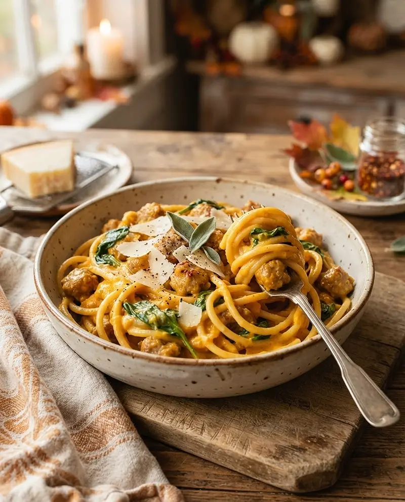 Pumpkin Sausage Alfredo Pasta Recipe 4 four professional food photography images RECIPE