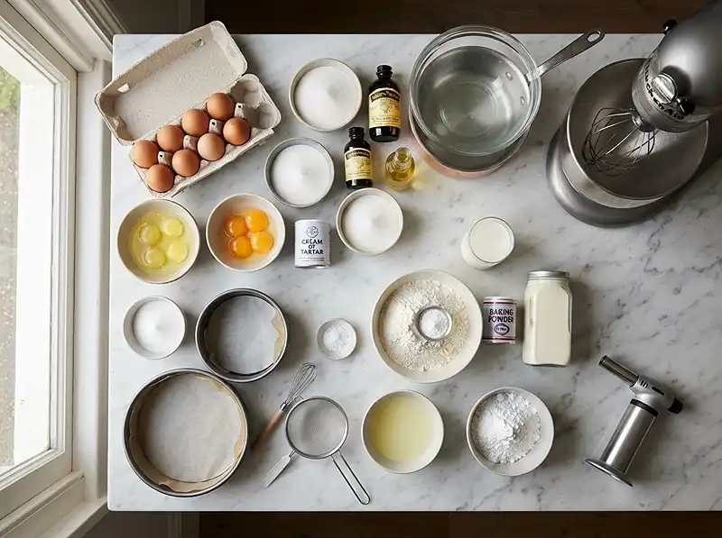 vanilla meringue cake recipe​ ingerdients on table