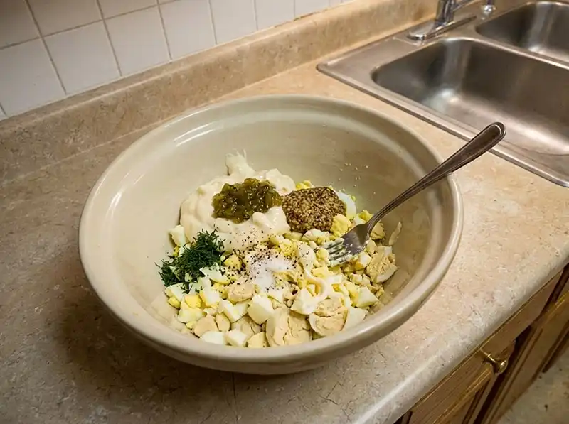 Ina Garten Egg Salad Recipe 5 chopped eggs in the bowl with mayo dollop, relish and mustard patches, dill, salt and pepper only half folded with the fork