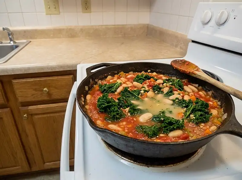 crushed tomatoes and beans with wilted kale and garlic, thin sauce bubbling, broth just poured as a pale puddle, no cheese yet