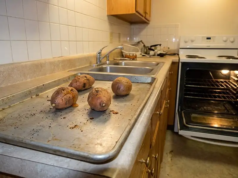 four sweet potatoes only partly baked, one split oozing sticky syrup, oven open with warm light spilling out