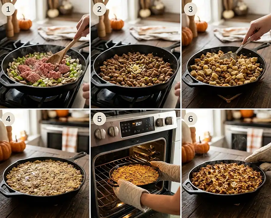 Cozy Sausage Stuffing Skillet Bake 3 how to make Skillet Stuffing Recipe