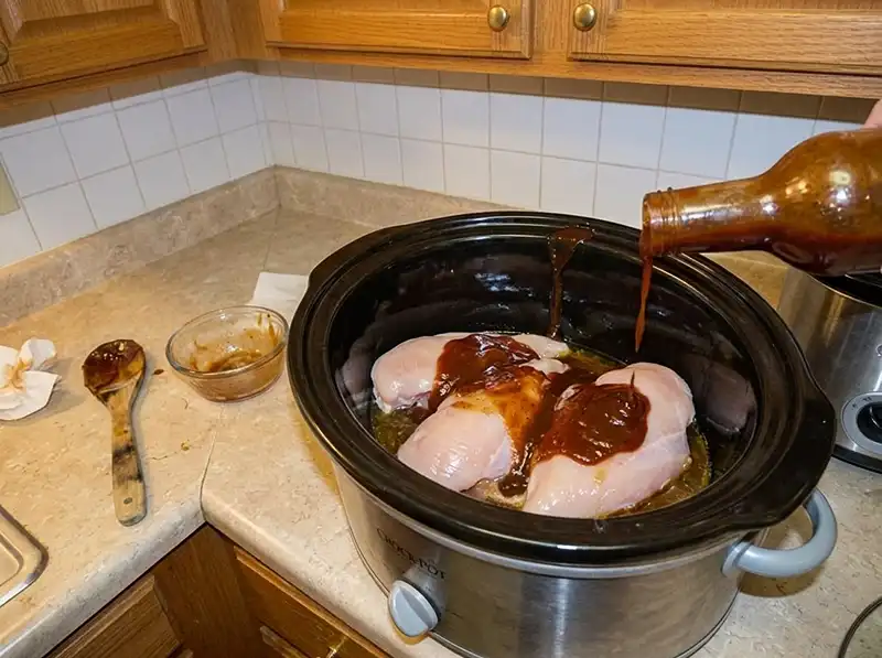 raw chicken breasts in the oval ceramic insert, sauce and dressing being poured over, still uncoated, sauce dripping down the inner wall