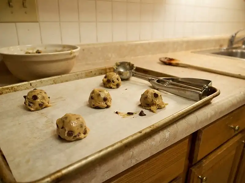 Nestle Toll House Cookie Recipe 5 raw dough balls from the scoop, uneven sizes=