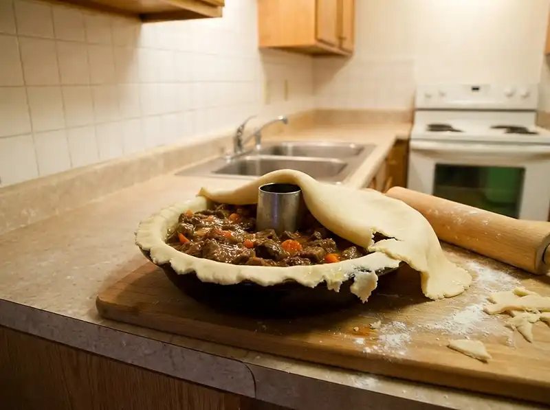 Guinness Pie with Tender Beef 5 the half-assembled unbaked pie dish, filling cooled, raw pastry strip pressed round the wet rim, lid half draped and unsealed, ragged overhang and a small tear, pie funnel standing up